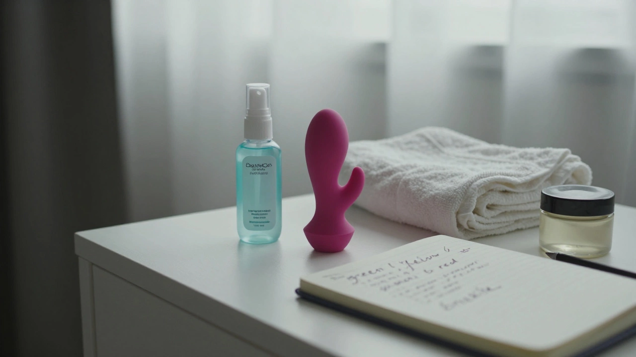 A neatly arranged bedside table with anal toys, lube, and a notebook showing communication cues.