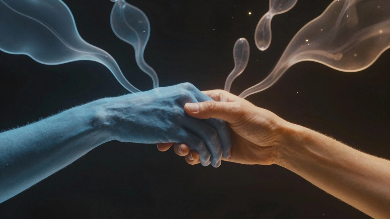 Two hands clasped in mid-air, glowing in blue and amber light, symbolizing trust and consent.