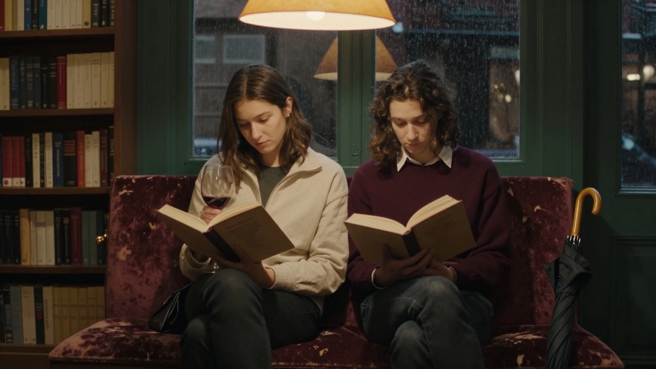 Two people read poetry together in a cozy Paris bookstore, wine and umbrella beside them.